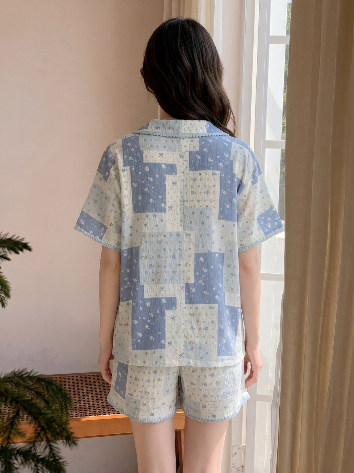 Blue Patchwork Floral Women’s Pajama Set