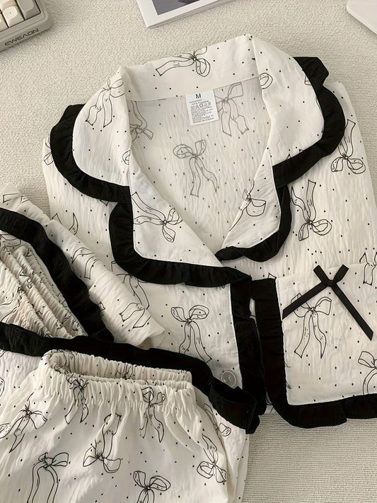 Elegant Bow Print Pajama Set β 3-in-1 (Shirt, Shorts & Pants)