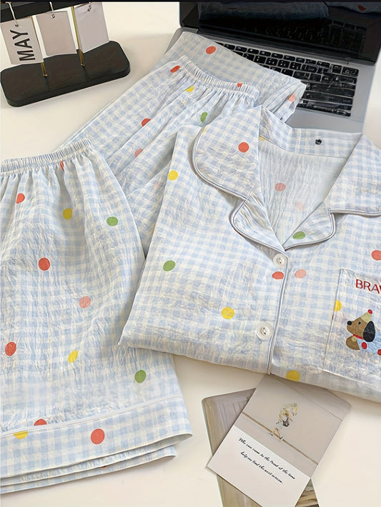 Polka Dot Pajama Set with Puppy Pocket β Shirt & Pants