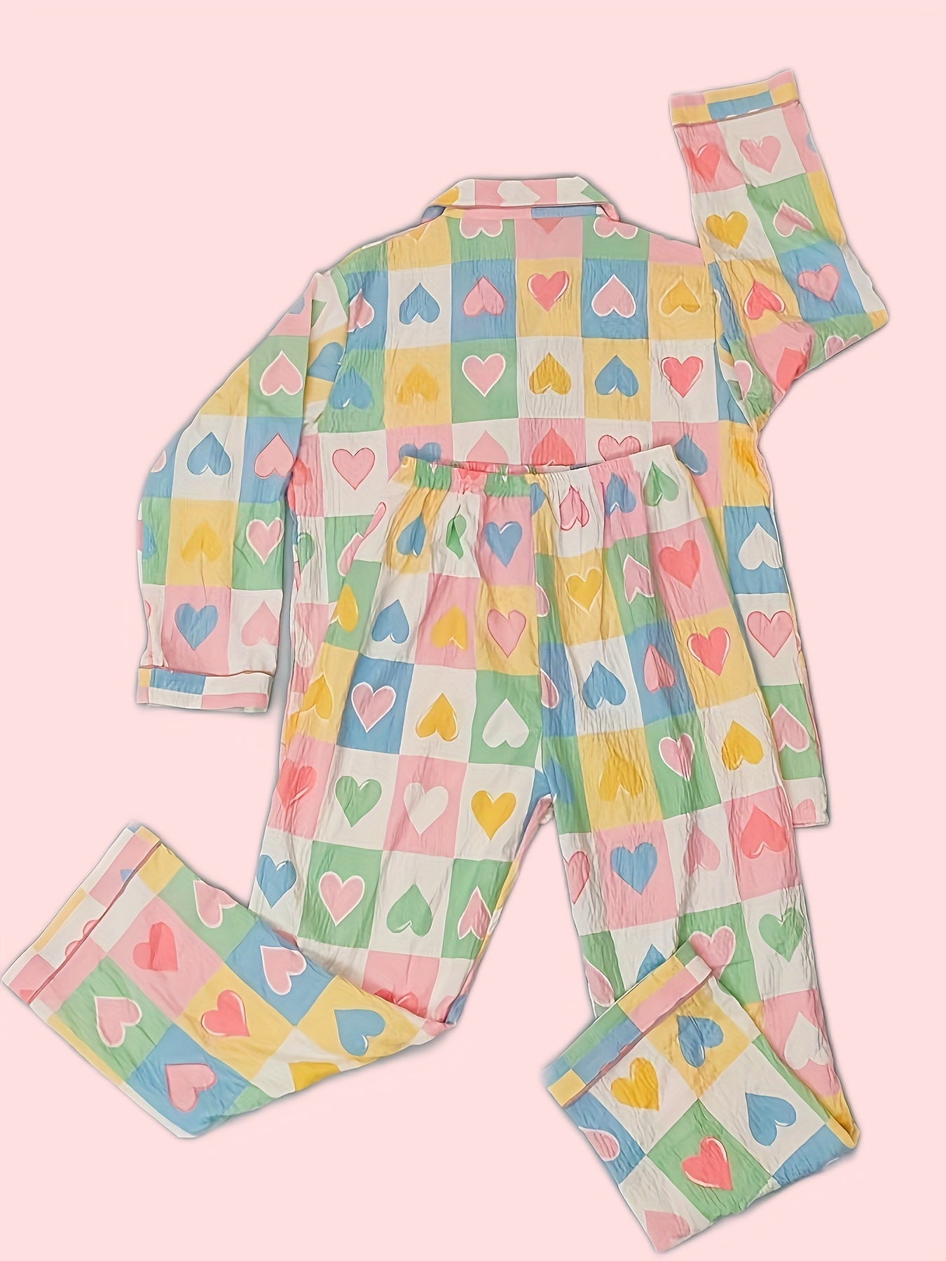 Pastel Heart Print Pajama Set – Button Shirt & Pants