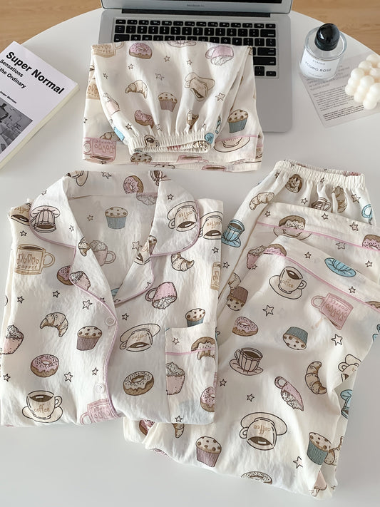 Coffee & Donuts Print Pajama Set β Shirt, Shorts & Pants