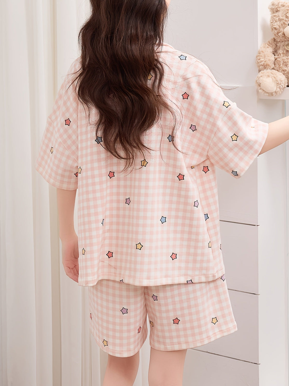Pink Gingham Star Print Pajama Set
