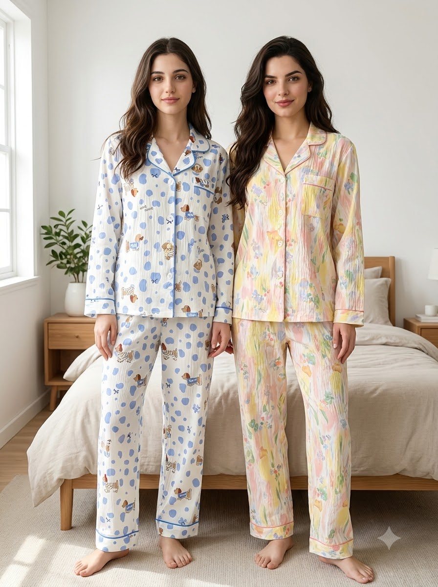 Blue Teddy & Pastel Floral Pajama Duo – Pack of 2