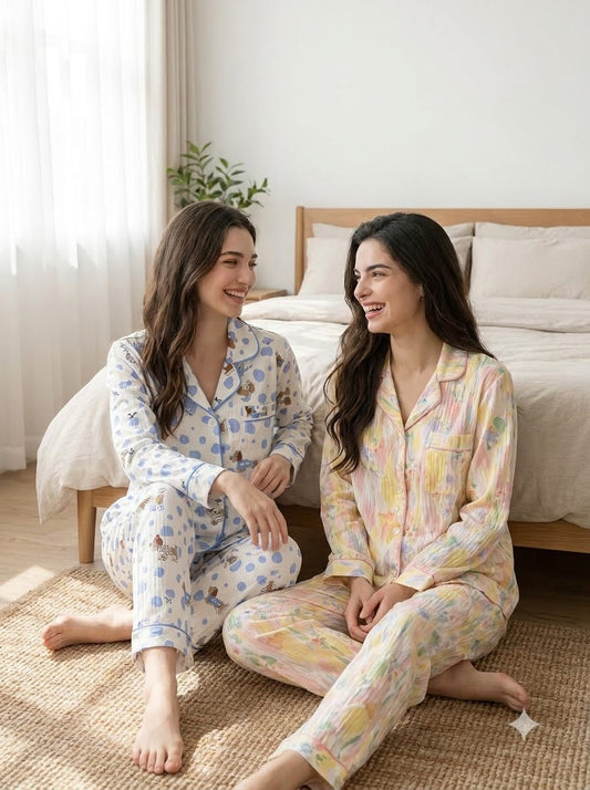 Blue Teddy & Pastel Floral Pajama Duo – Pack of 2
