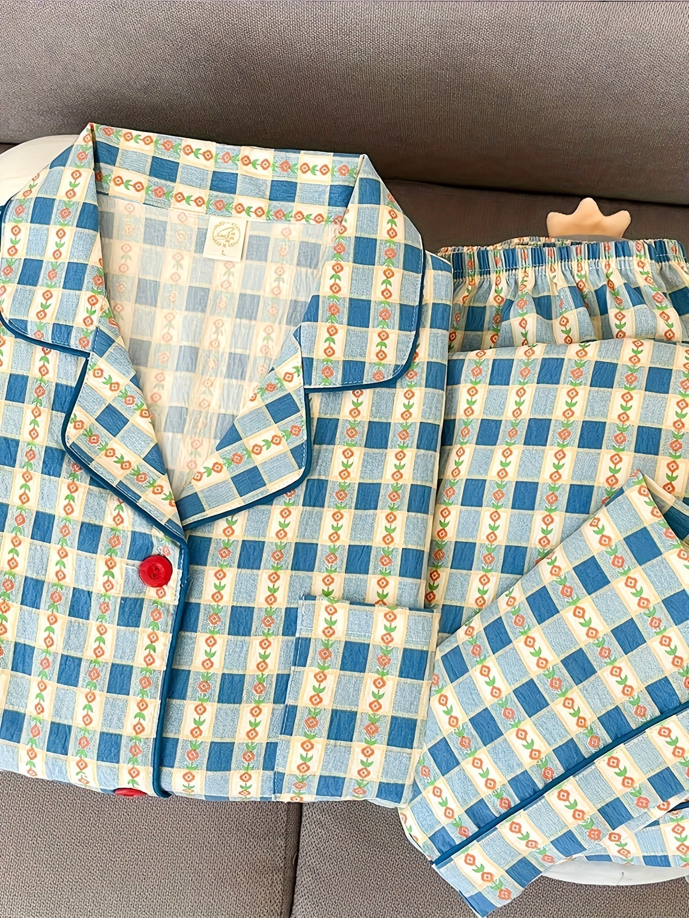 Vintage Blue Check Pajama Set – Button Shirt & Pants