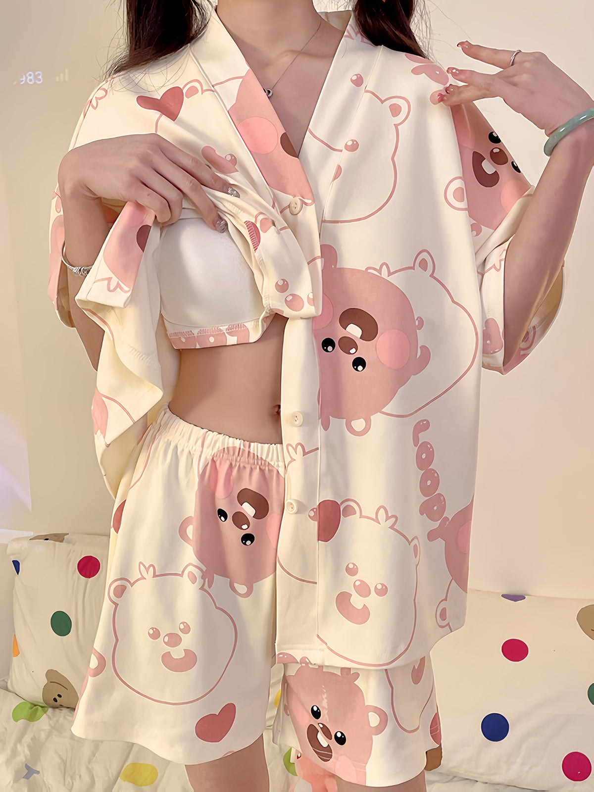Pink Bear Printed Pajama Set