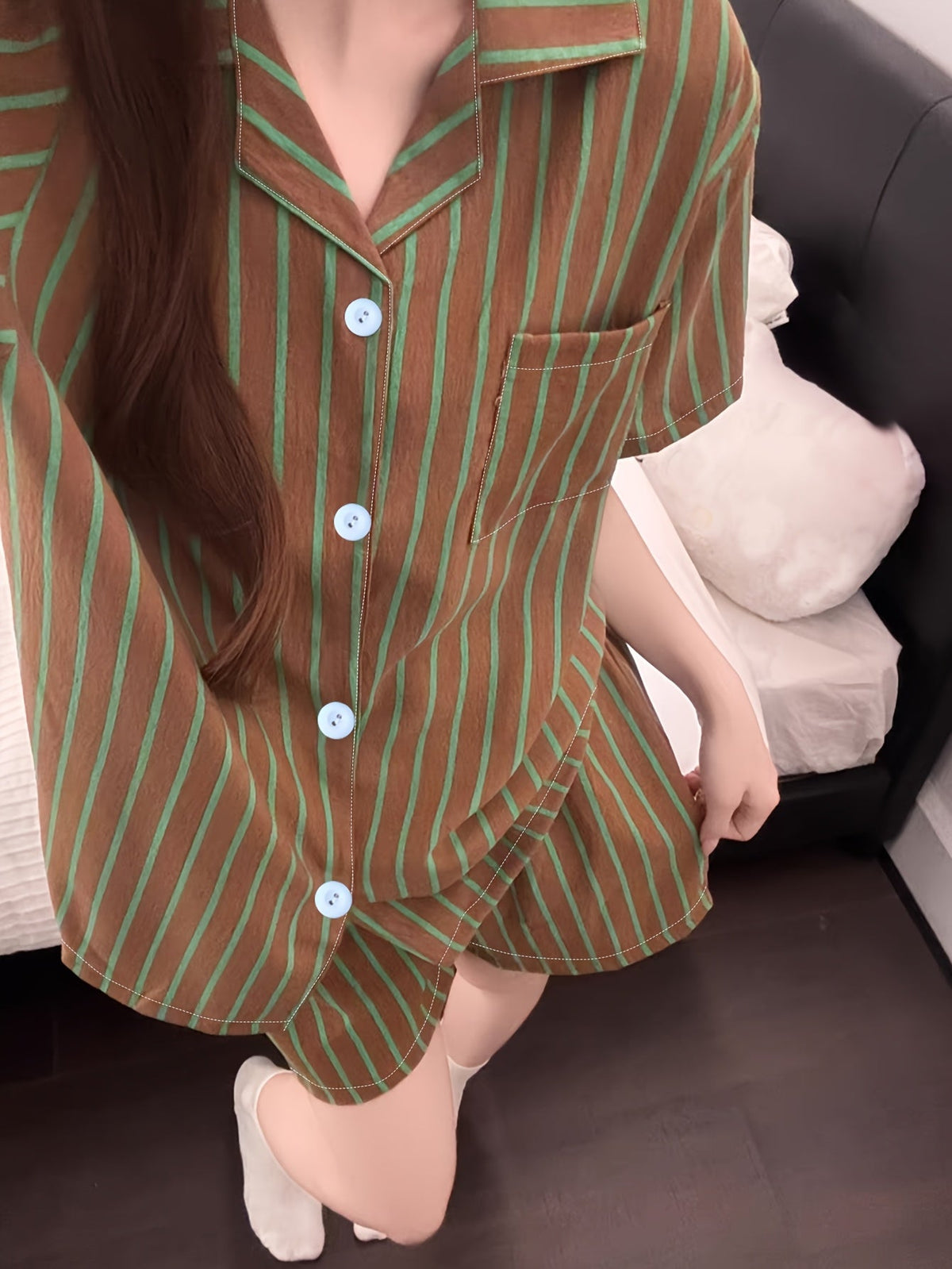Mocha Green Stripe Pajama Set