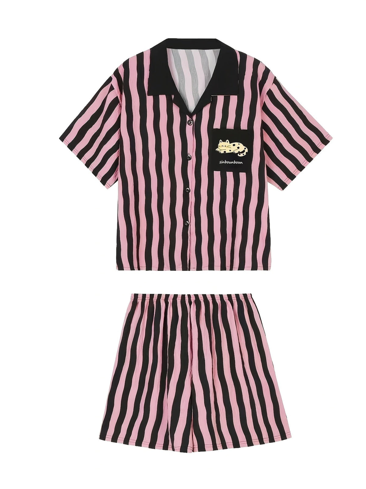 Pink & Black Striped Cute Cartoon Pajama Set