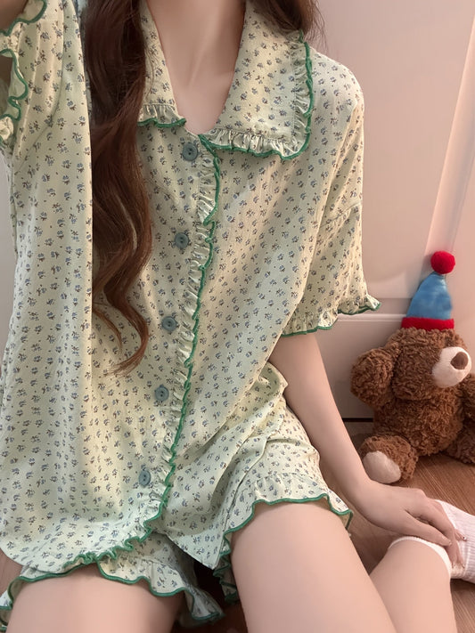Mint Green Floral Ruffle Pajama Set