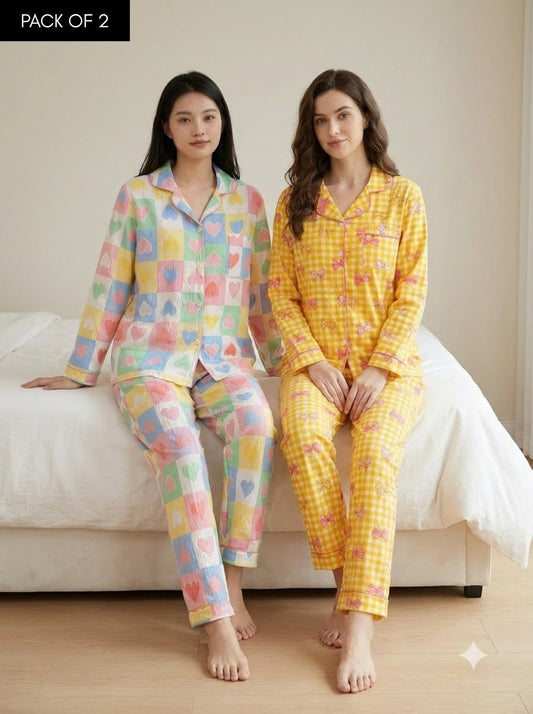Pastel Hearts & Bow Checks Pajama Duo – Pack of 2