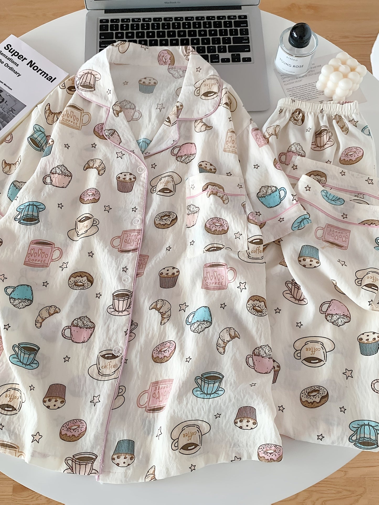 Coffee & Donuts Print Pajama Set – Shirt, Shorts & Pants