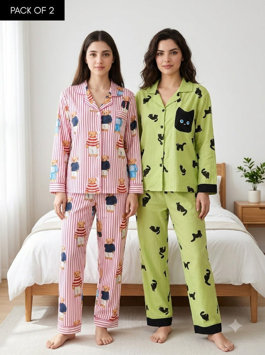 Teddy & Cat Print Pajama Duo – Pack of 2