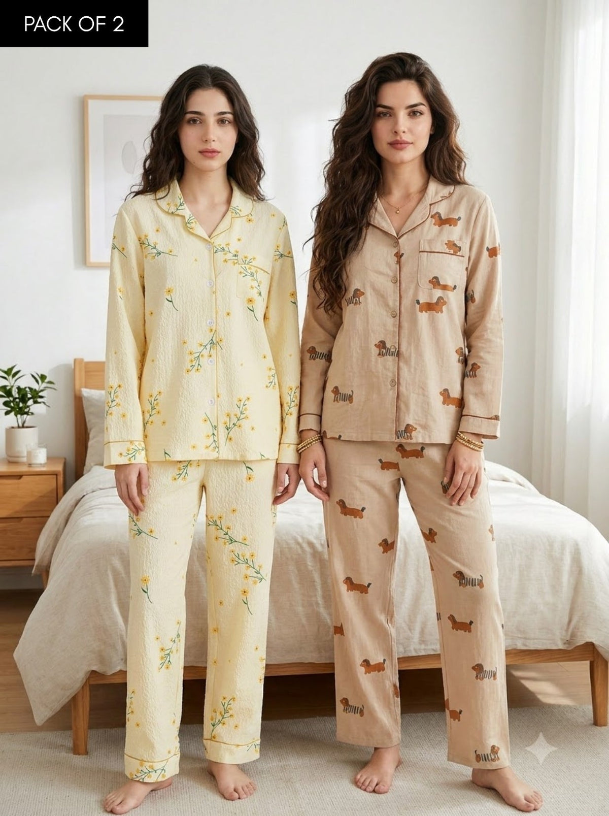 Floral & Puppy Print Pajama Duo – Pack of 2