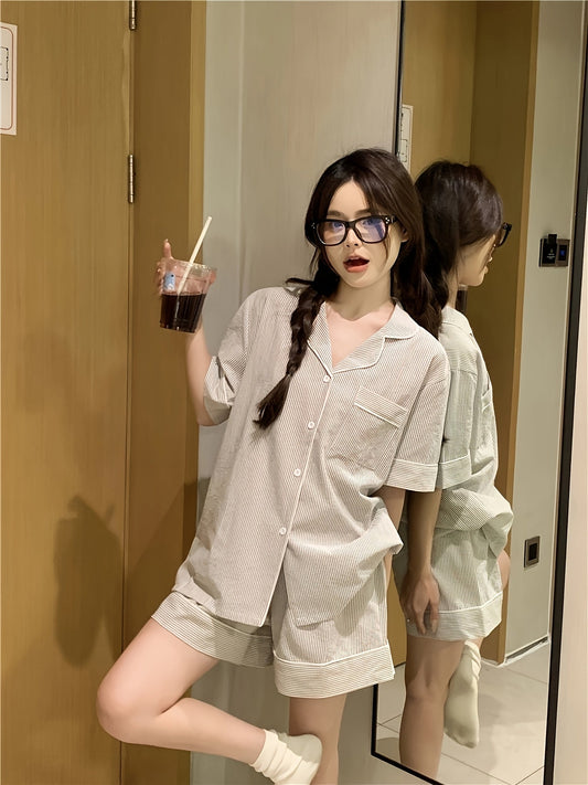 Classic Beige Striped Women’s Pajama Set