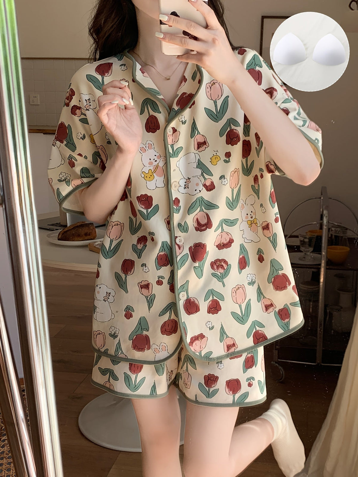 Floral Bunny Print Pajama Set