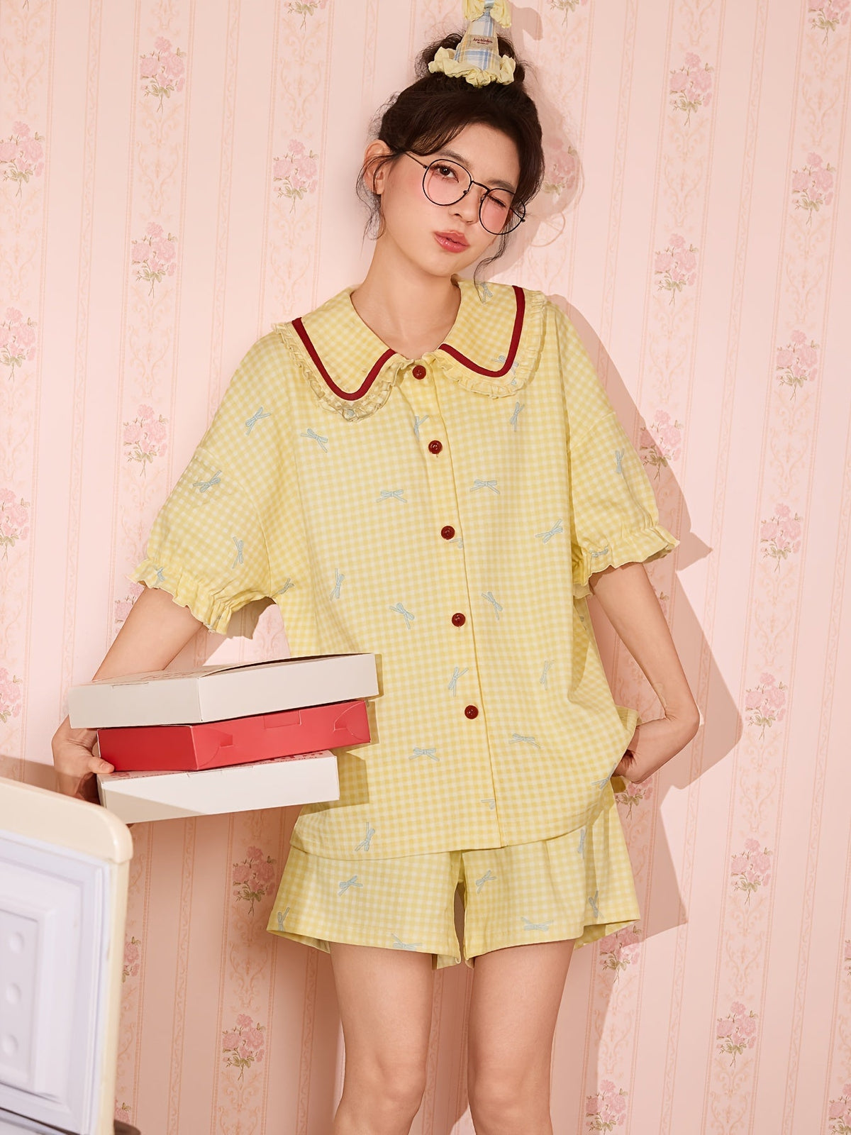 Yellow Bow Print Pajama Set