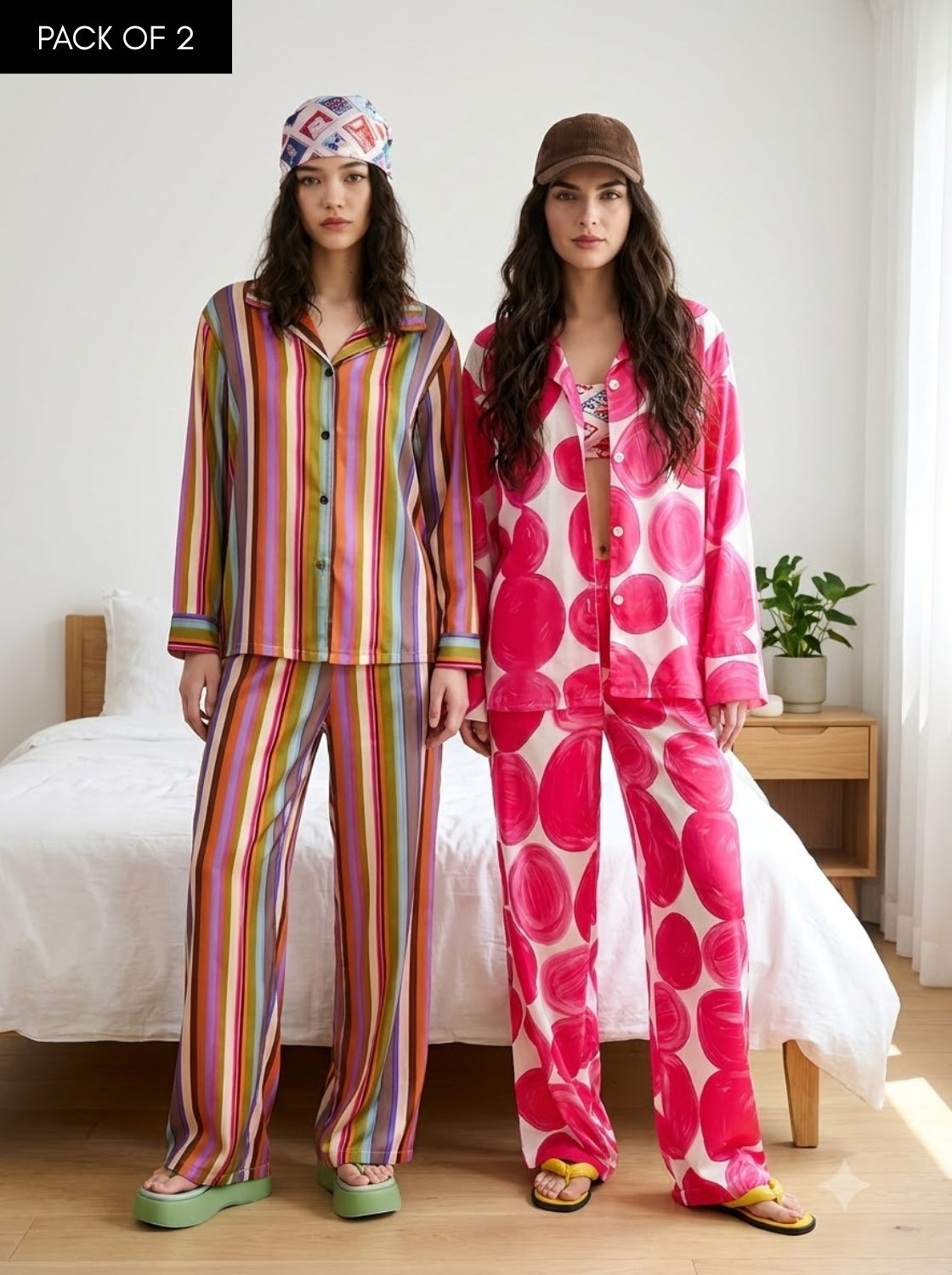 Rainbow Stripes & Pink Bloom Pajama Duo – Pack of 2