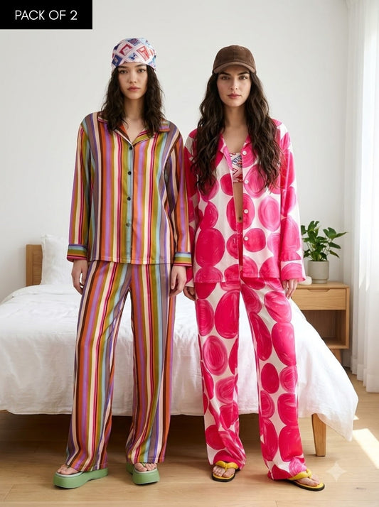 Rainbow Stripes & Pink Bloom Pajama Duo – Pack of 2