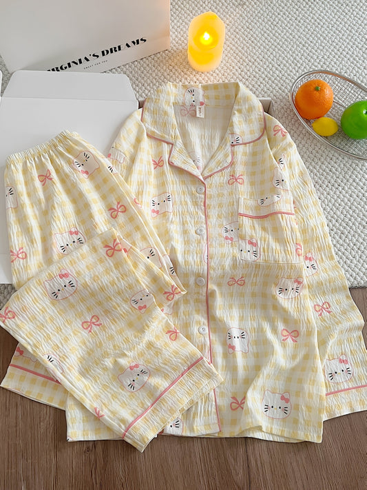 Yellow Gingham Kitty Pajama Set – Button Shirt & Pants