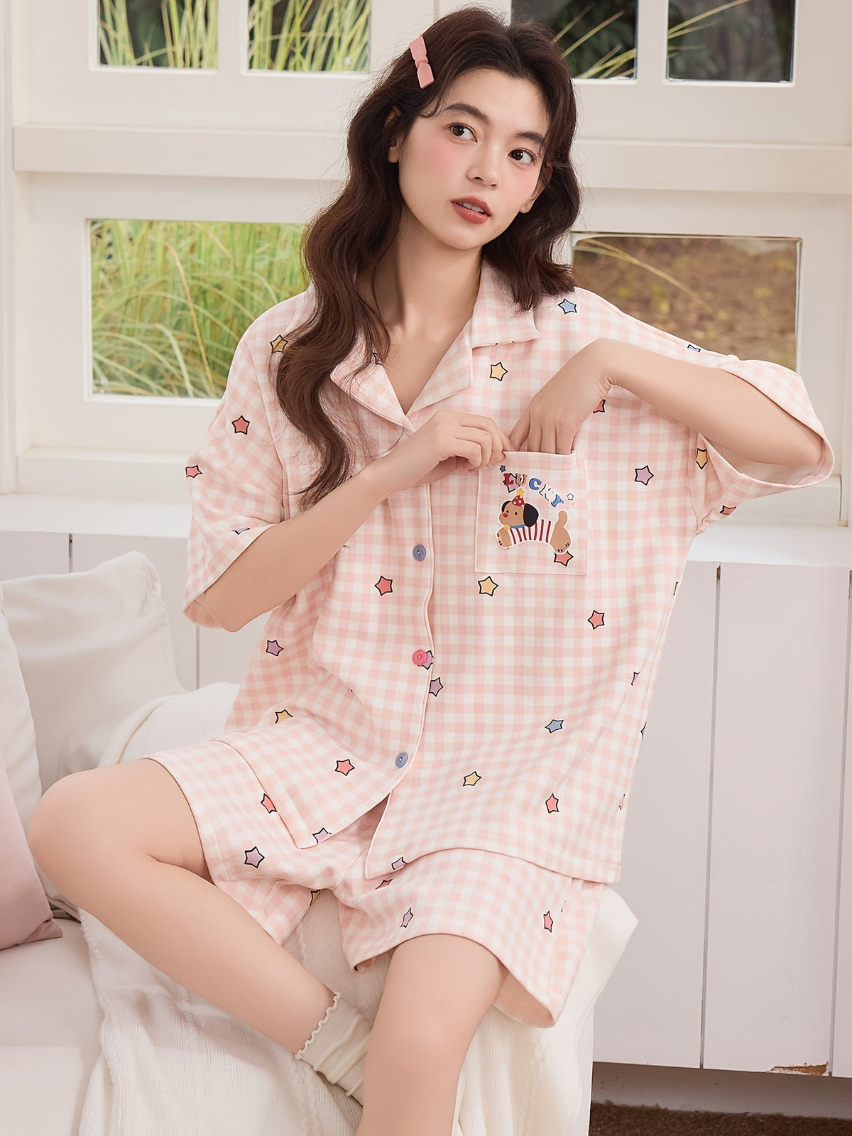Pink Gingham Star Print Pajama Set