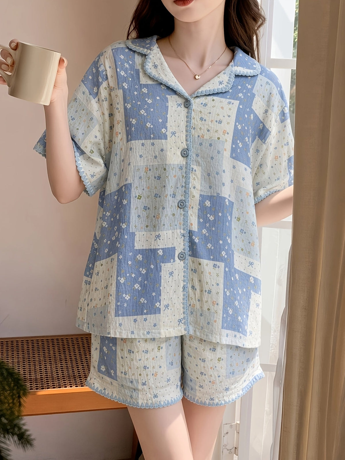 Blue Patchwork Floral Women’s Pajama Set
