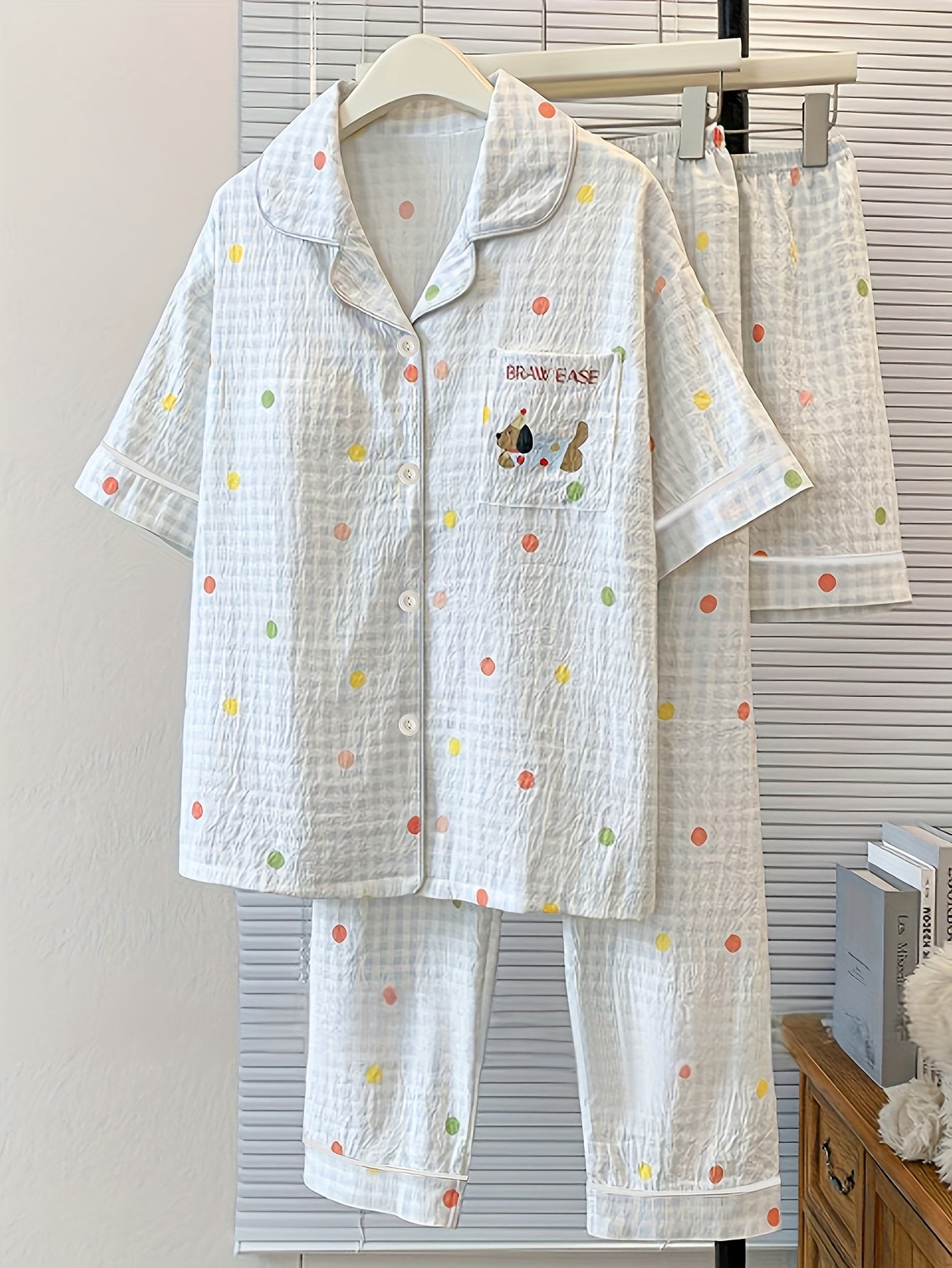 Polka Dot Pajama Set with Puppy Pocket – Shirt & Pants