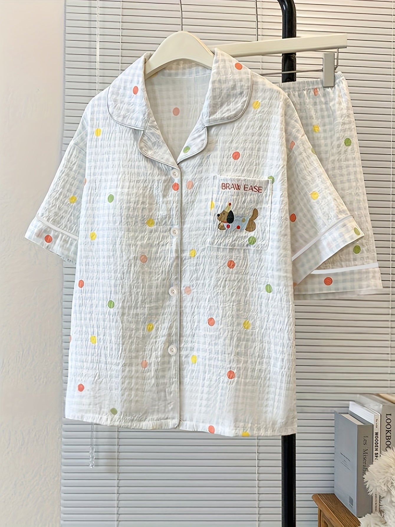 Polka Dot Pajama Set with Puppy Pocket – Shirt & Pants