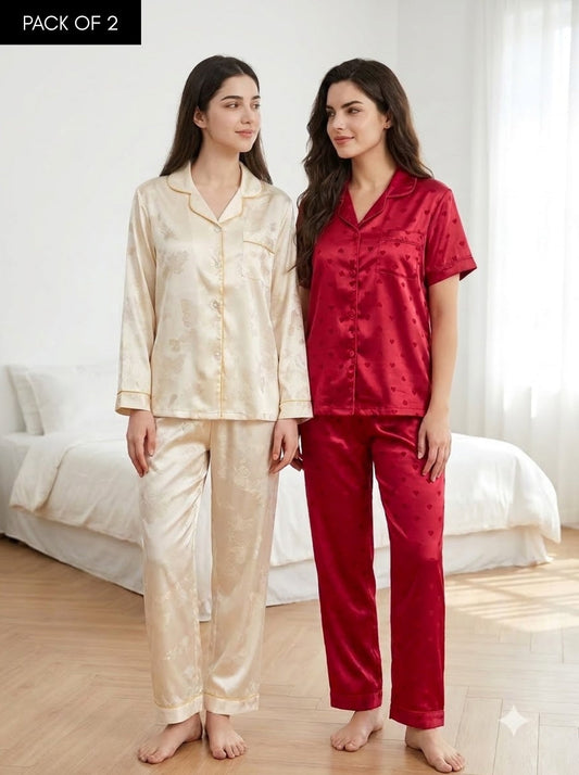 Ivory & Wine Red Satin Heart Pajama Duo – Pack of 2