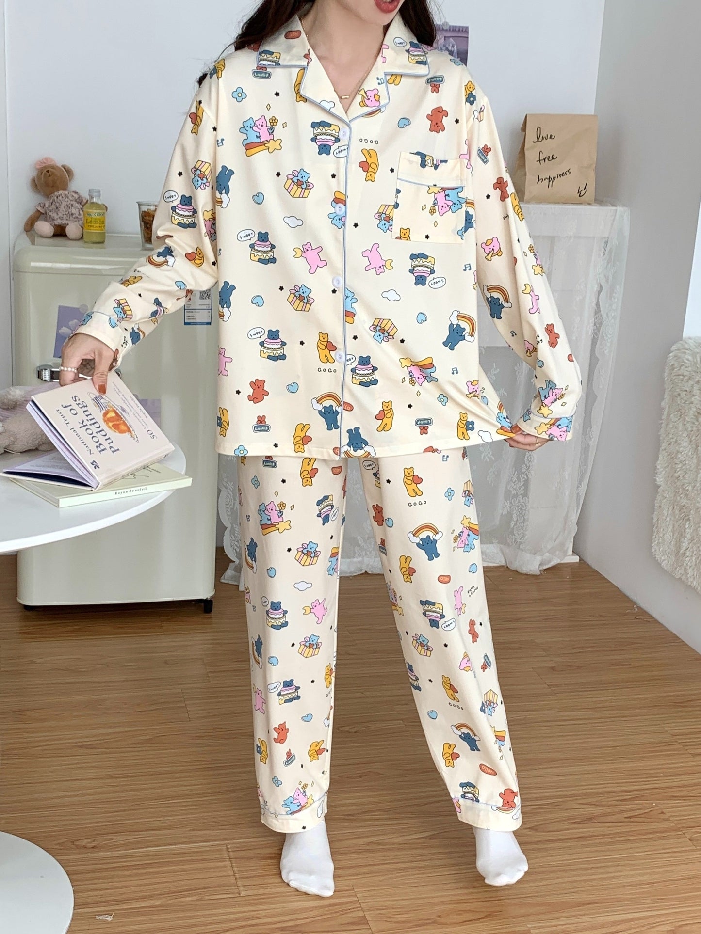 Cartoon Bear & Rainbow Pajama Set – Shirt & Pants