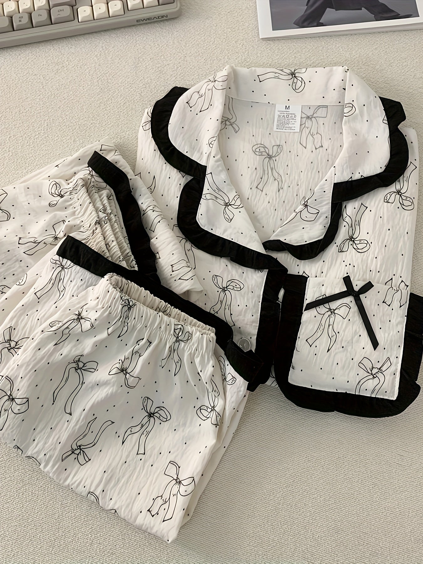 Elegant Bow Print Pajama Set – 3-in-1 (Shirt, Shorts & Pants)