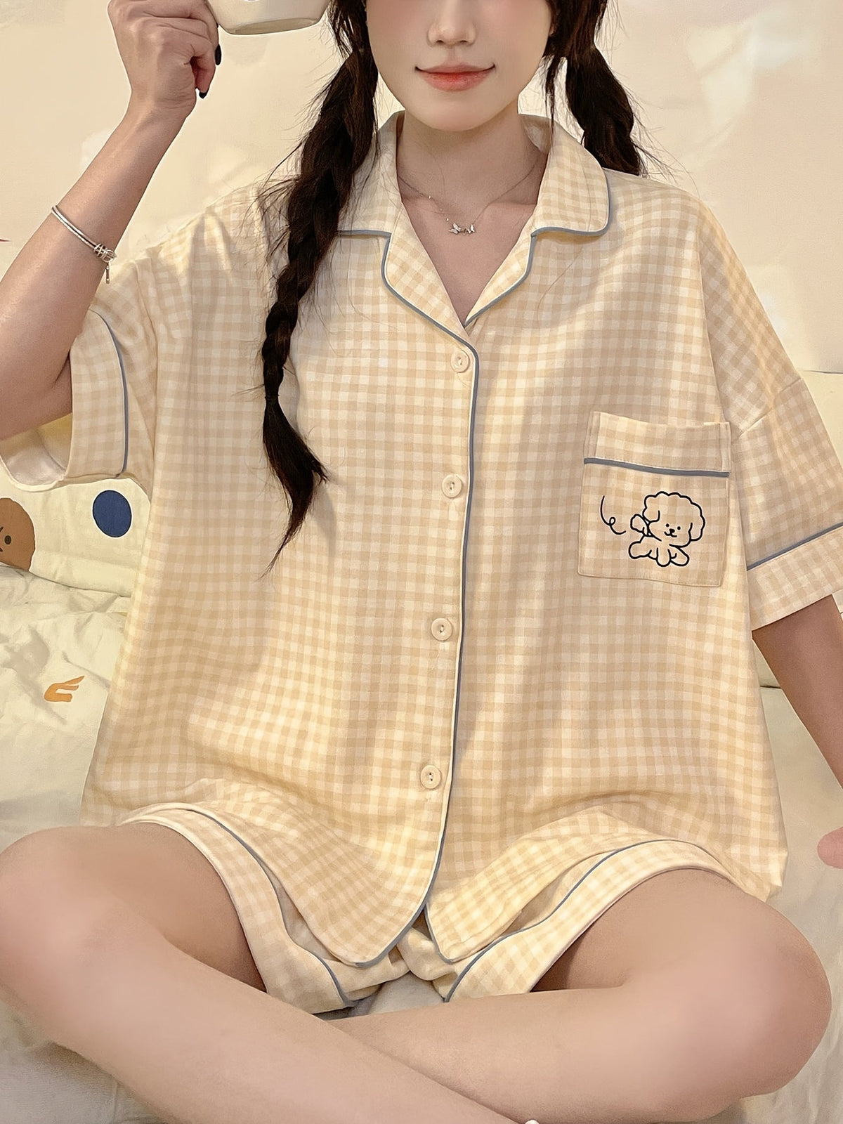 Cream Gingham Puppy Pajama Set