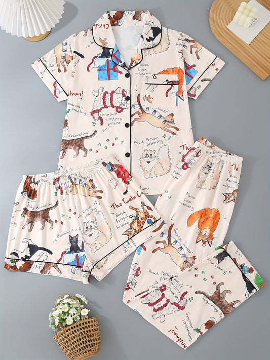 Festive Cat Doodle Satin Nightwear Set (3-Piece Combo)
