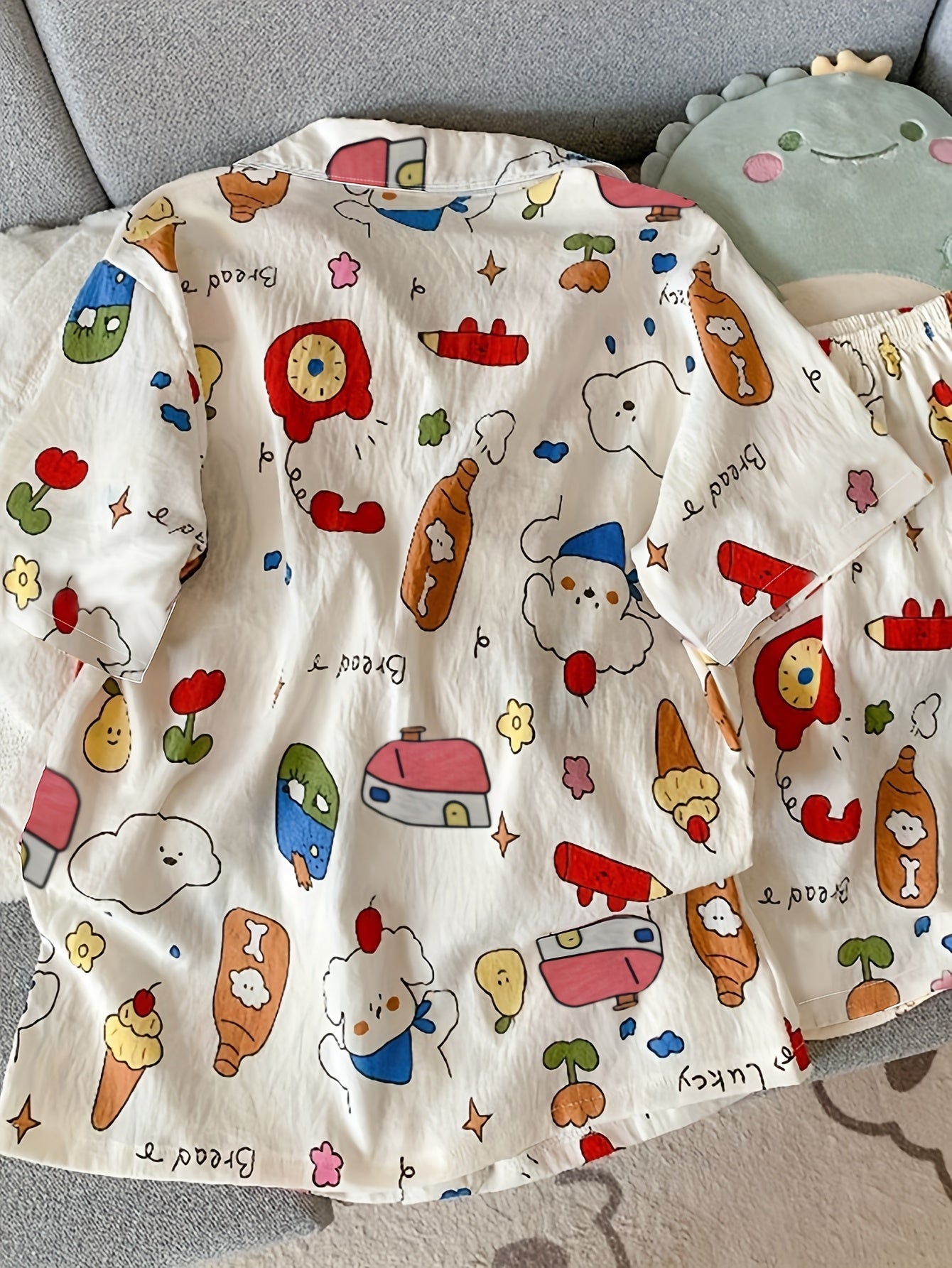 Cartoon Breakfast Print Pajama Set – Shirt & Shorts