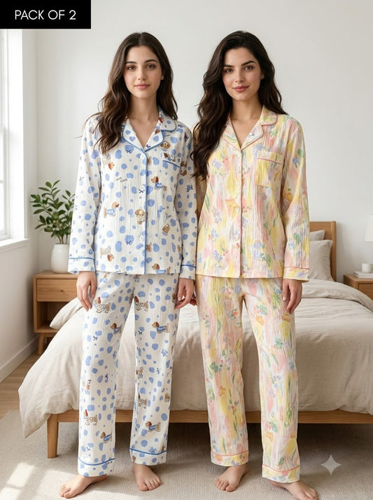 Blue Teddy & Pastel Floral Pajama Duo – Pack of 2