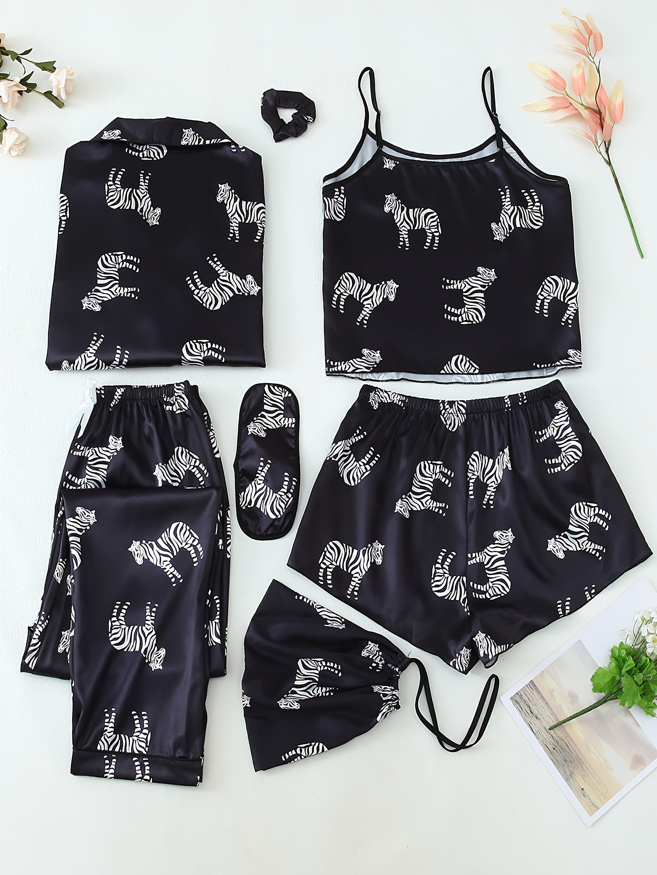 Zebra Print Satin 7-Piece Nightwear Set