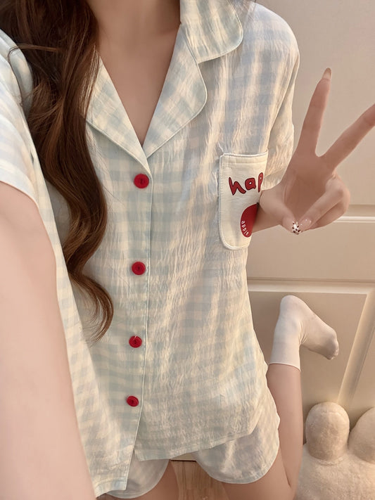 Sky Blue Gingham Apple Pocket Pajama Set