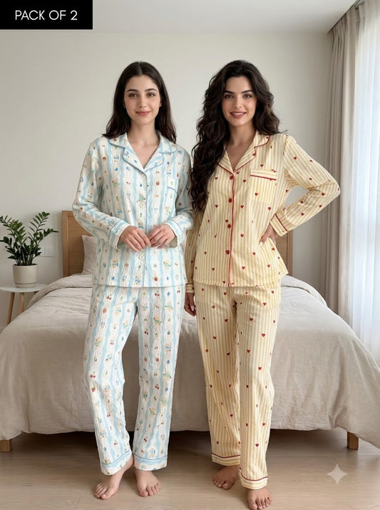 Sky Blue & Cream Heart Stripe Pajama Duo – Pack of 2