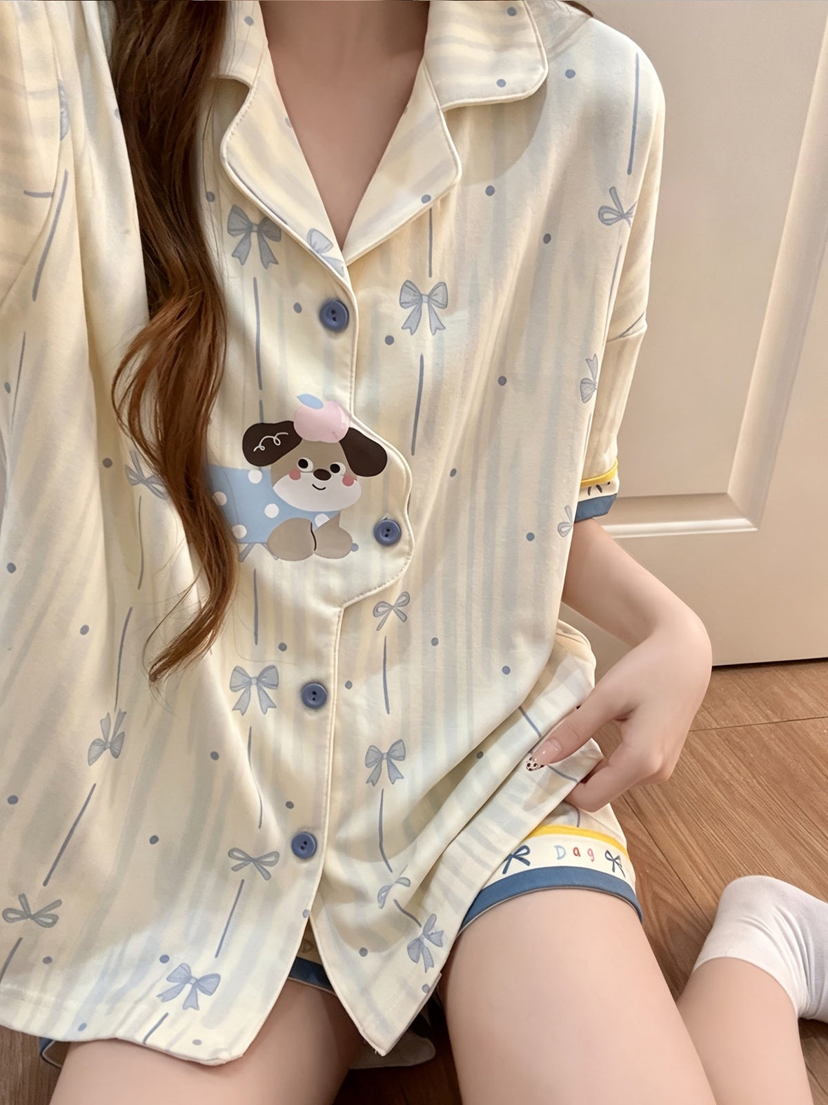 Blue Bow & Puppy Print Pajama Set