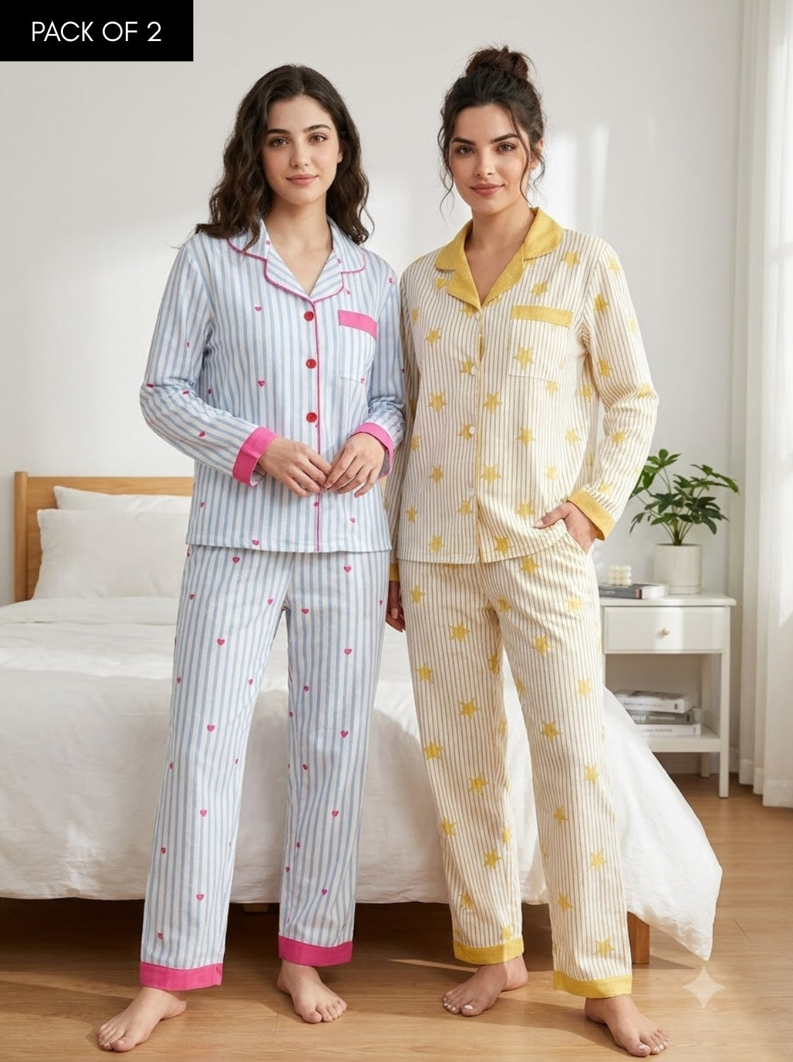 Blue Heart & Yellow Star Stripe Pajama Duo – Pack of 2