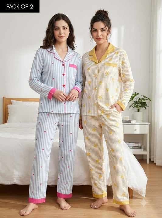 Blue Heart & Yellow Star Stripe Pajama Duo – Pack of 2