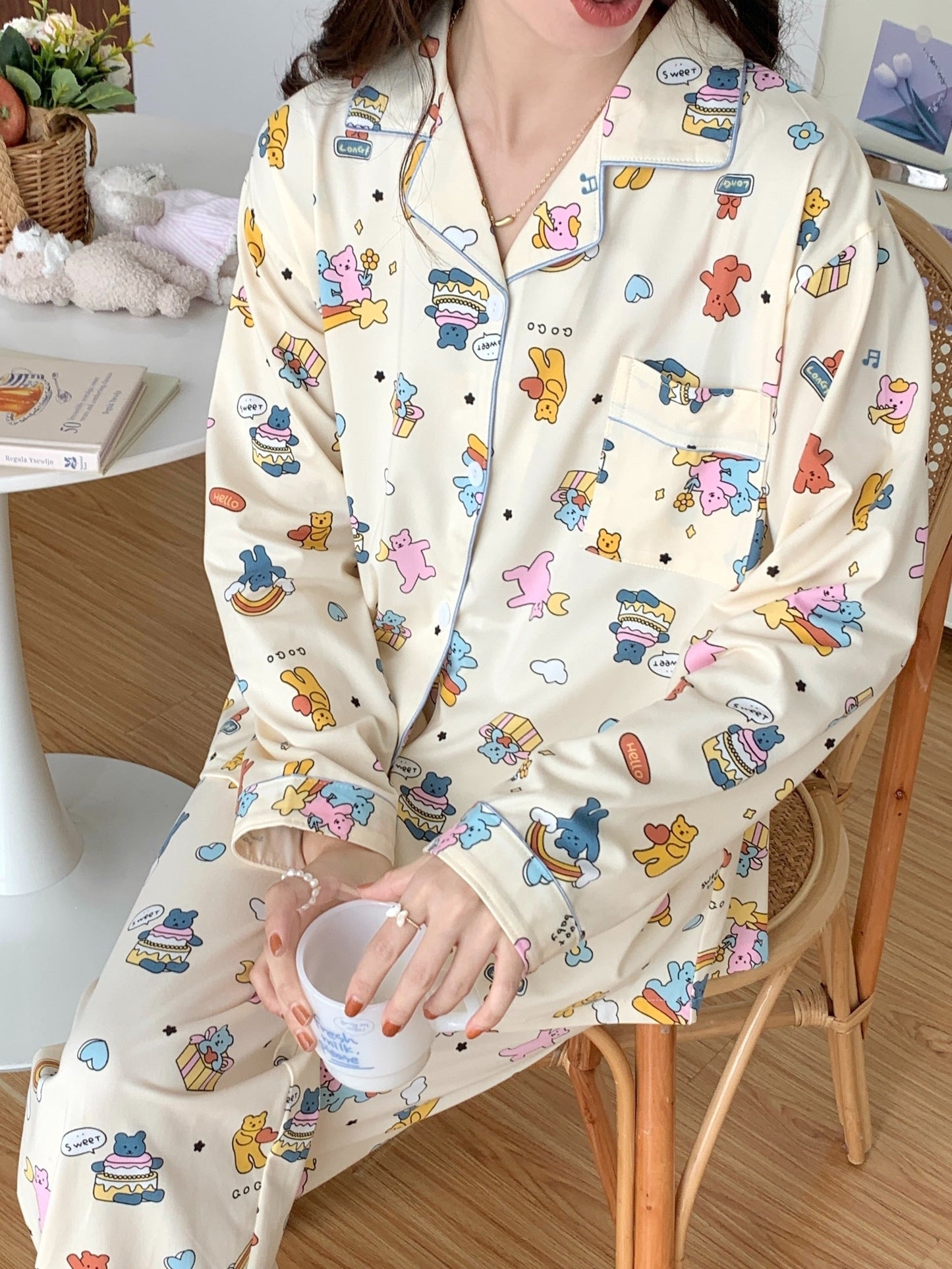 Cartoon Bear & Rainbow Pajama Set – Shirt & Pants