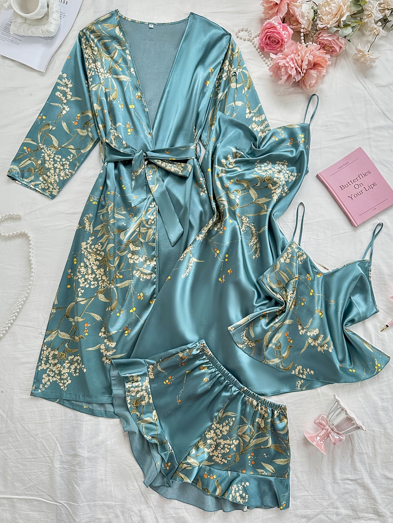 Luxury Floral Satin 4-Piece Nightwear Set