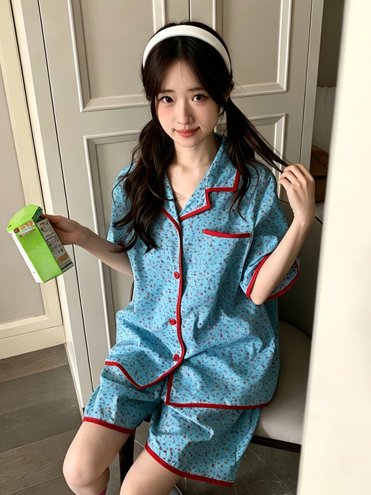 Blue Floral Print Pajama Set