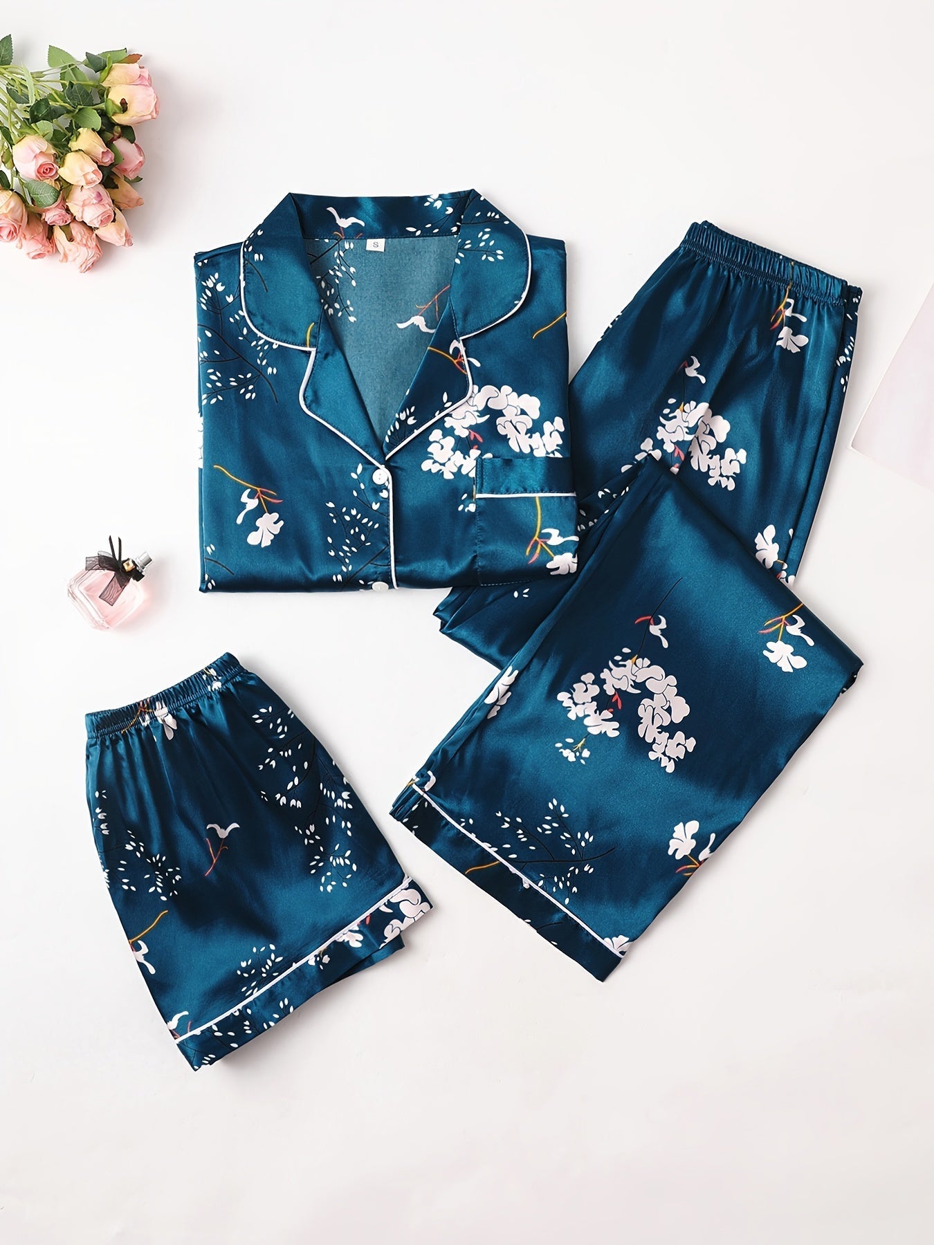 Midnight Blossom Pajama Set (3 Pcs Combo)