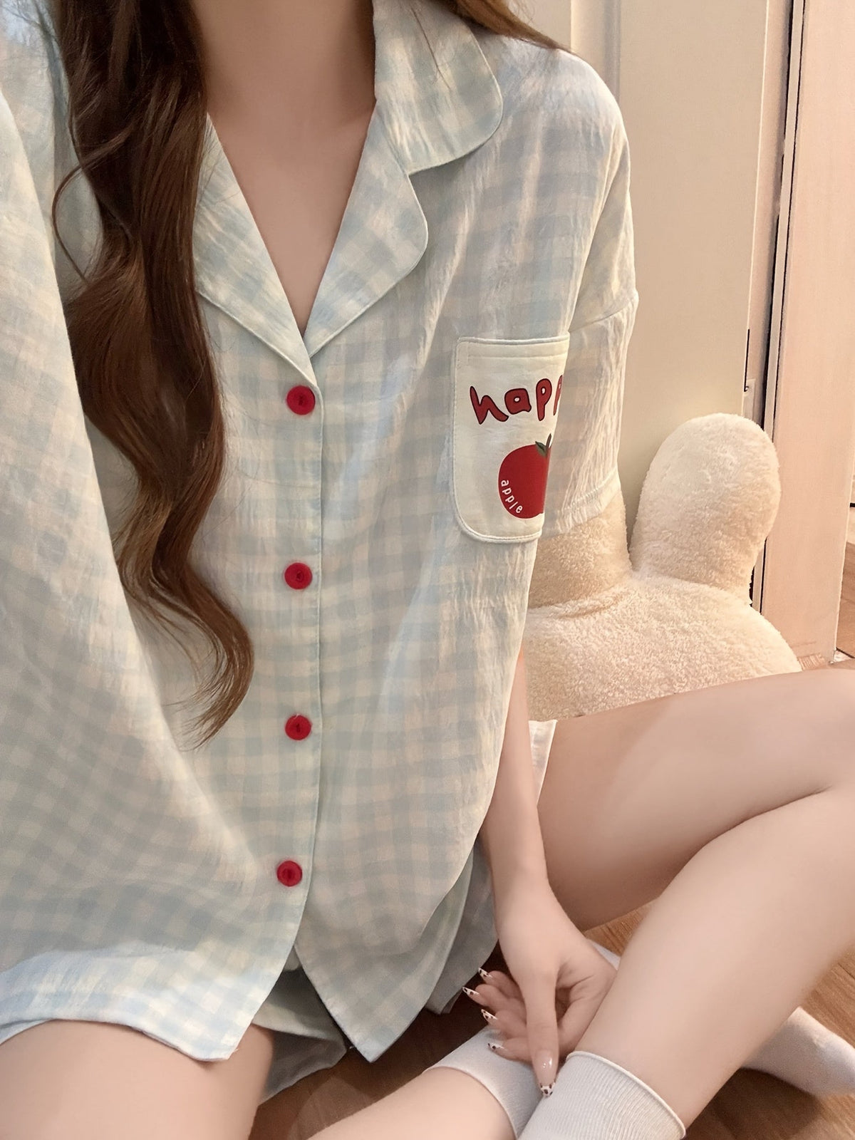 Sky Blue Gingham Apple Pocket Pajama Set