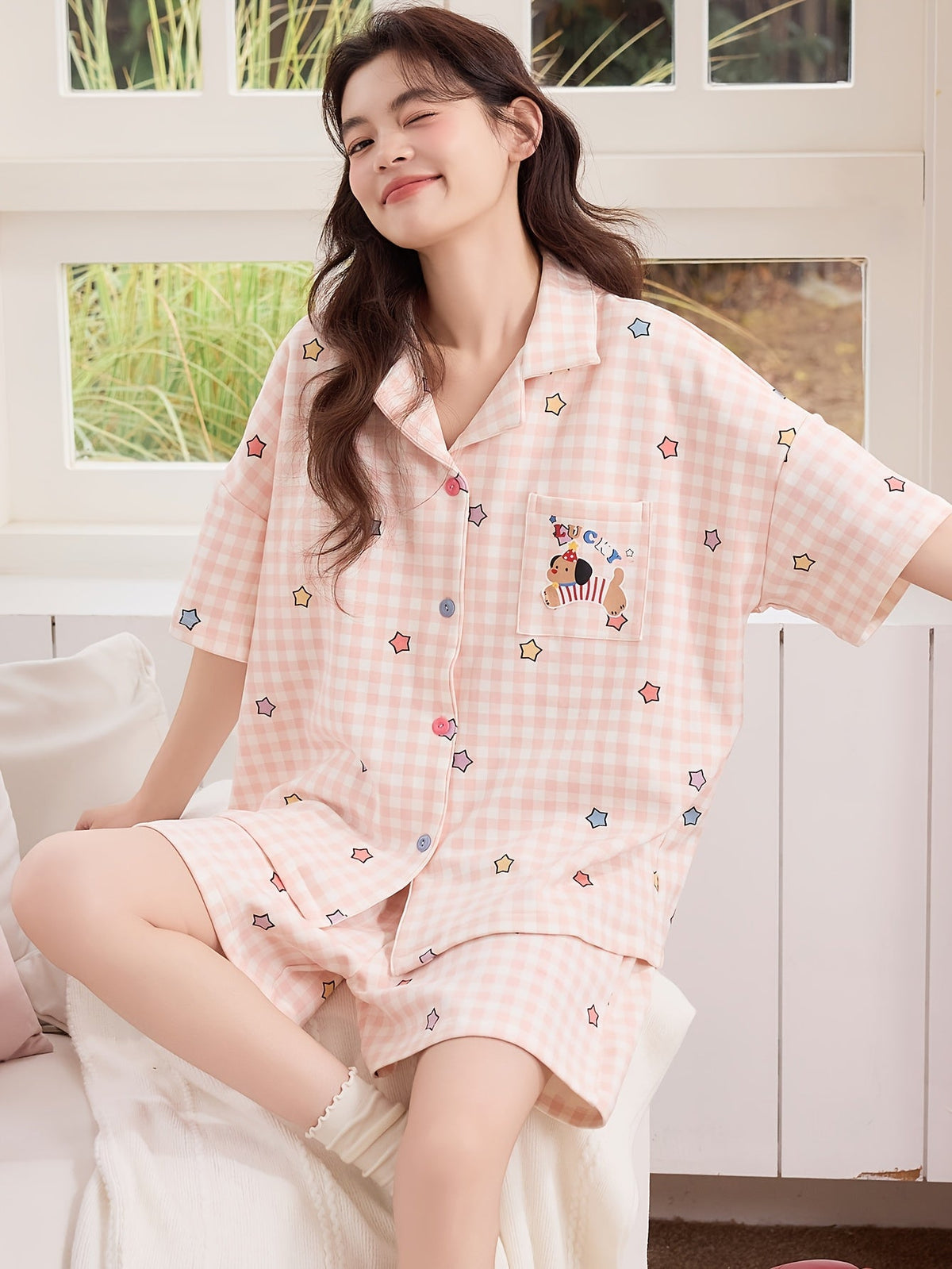 Pink Gingham Star Print Pajama Set