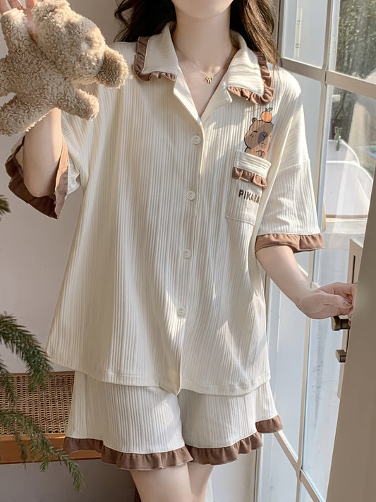 Cream Ribbed Teddy Ruffle Pajama Set