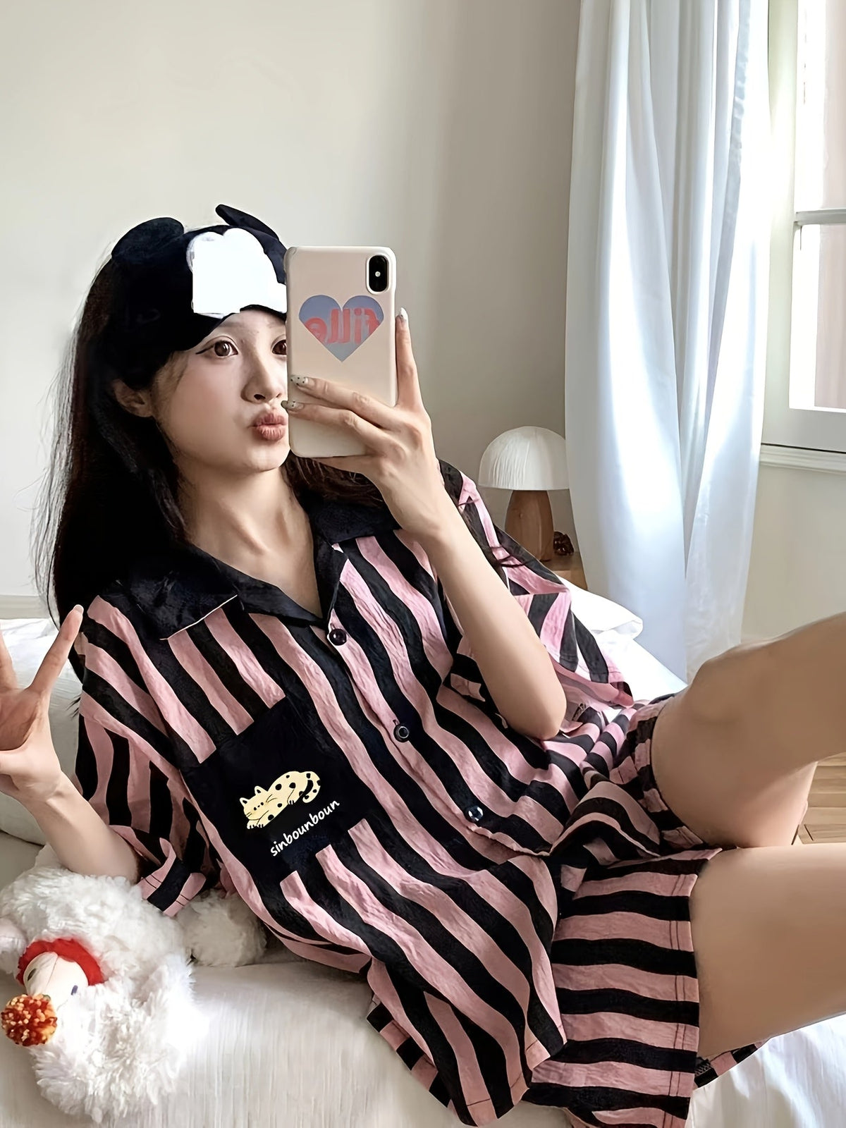 Pink & Black Striped Cute Cartoon Pajama Set