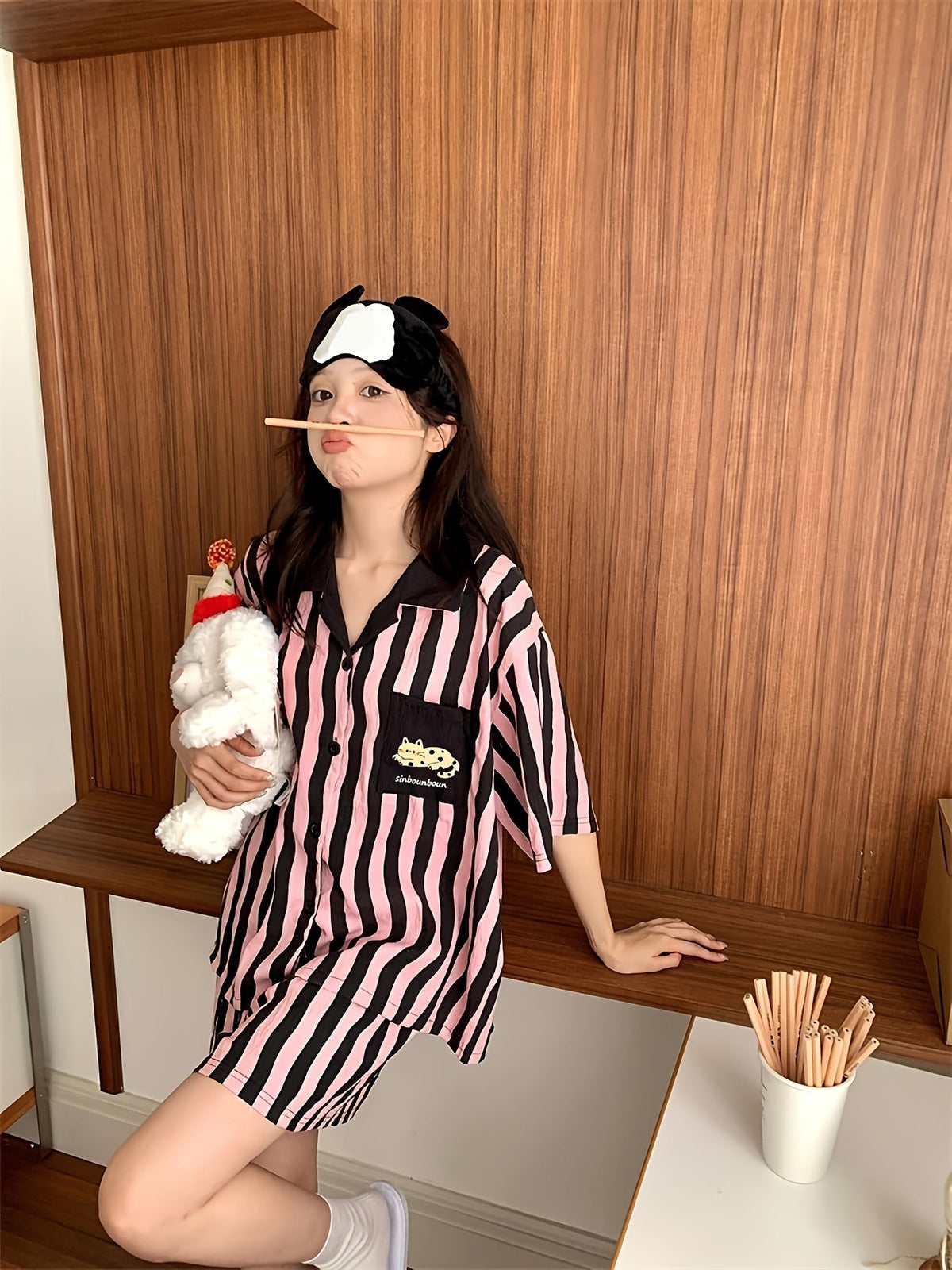 Pink & Black Striped Cute Cartoon Pajama Set