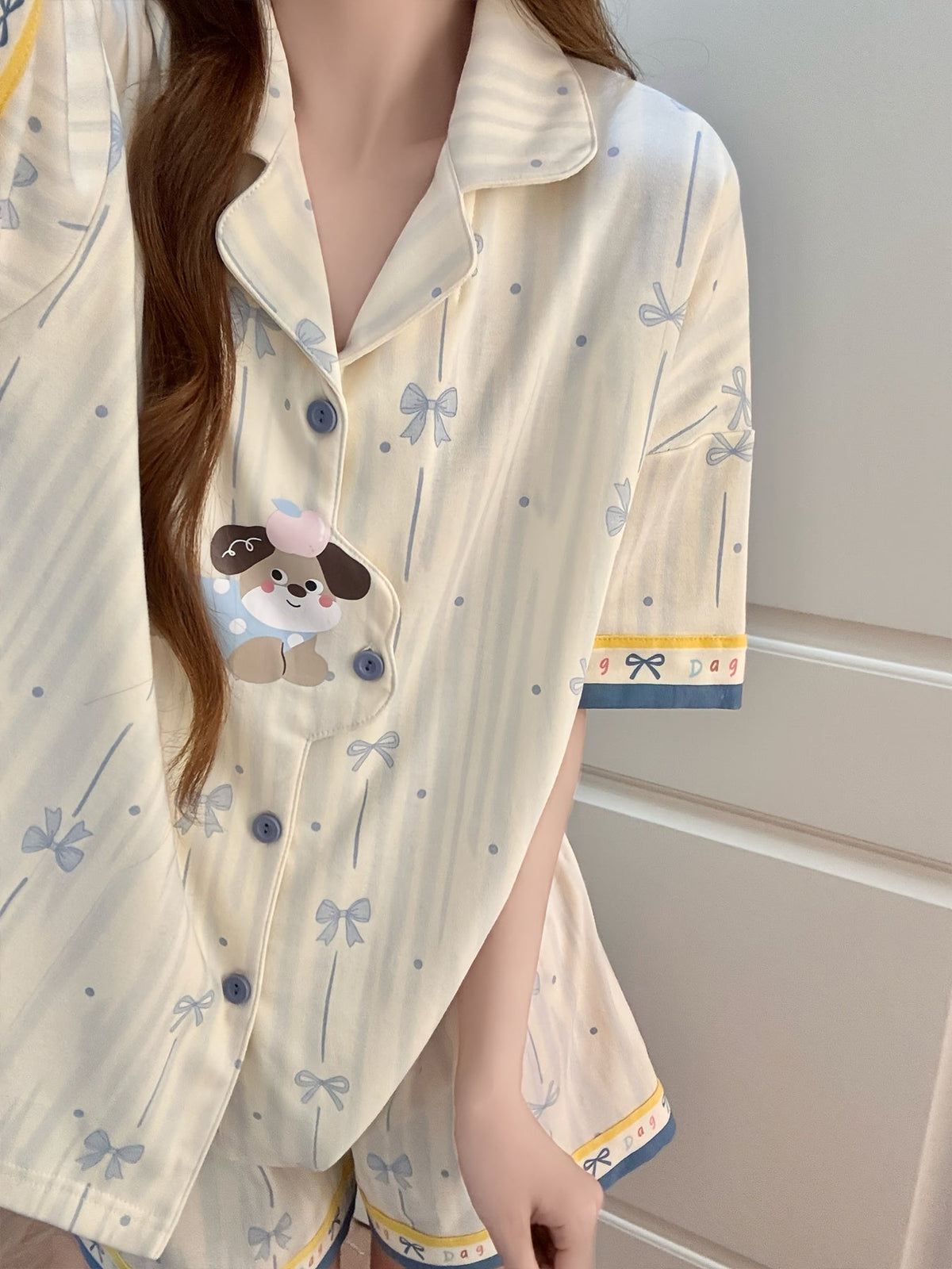 Blue Bow & Puppy Print Pajama Set